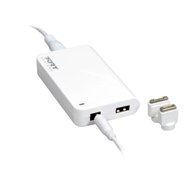 Port Design's 60W Apple MacBook Power Supply is a versatile replacement power supply for multiple MacBook models. It comes with a Magsafe 1 and 2 magnetic connector and features a fast charge 2.1A USB port.