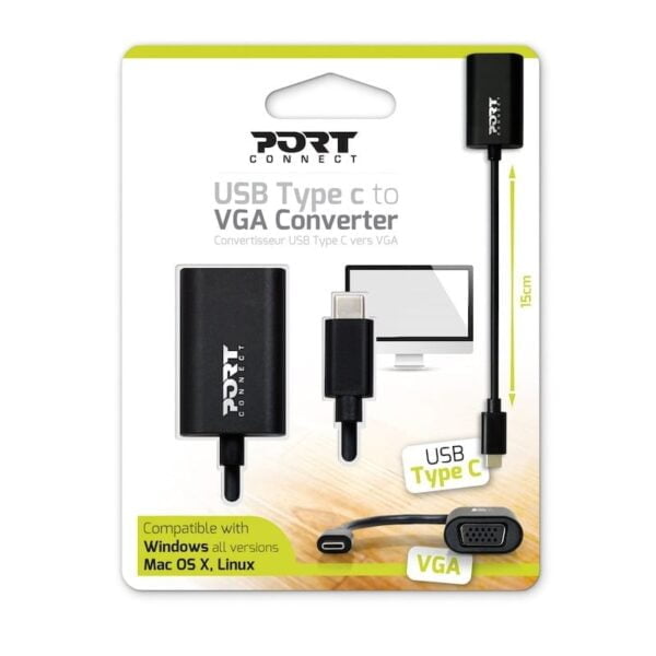 Connect to legacy displays with the Port Connect Type-C to VGA Adapter. It offers high quality imagery at resolutions of up to 1080p@60Hz.