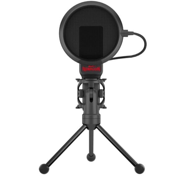 a metal gooseneck pop-filter and a rotatable folding tripod stand.