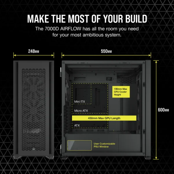 7000D Airflow Black Tempered Glass Mid-Tower; 6x 3.5'' |  4x 2.5'' Drive Bays ; 480mm Radiator Compatible; 3x140mm fan incl - Image 14
