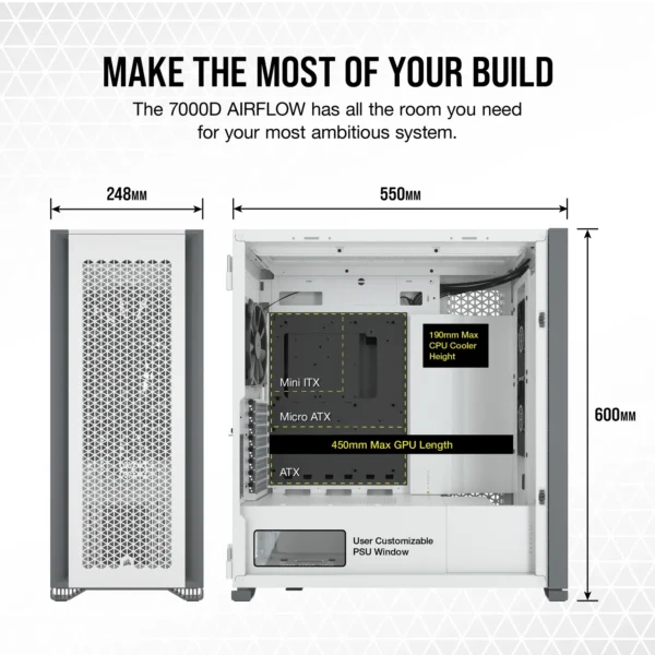 7000D Airflow White Tempered Glass Mid-Tower; 6x 3.5'' |  4x 2.5'' Drive Bays ; 480mm Radiator Compatible; 3x140mm fan incl - Image 3